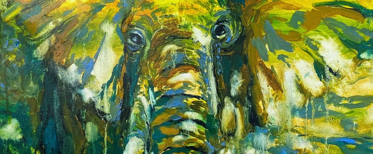 Painting of an elephant in gold and green