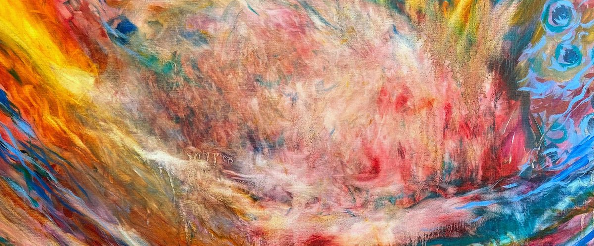 Painting of a red swirl set with peacock eyes