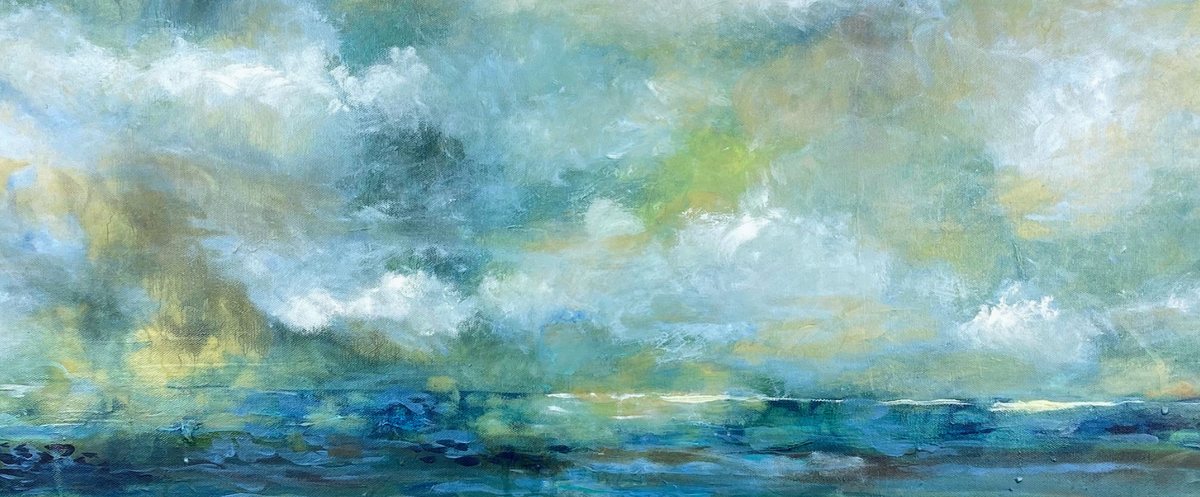Painting of cloud building over a grey-green sea