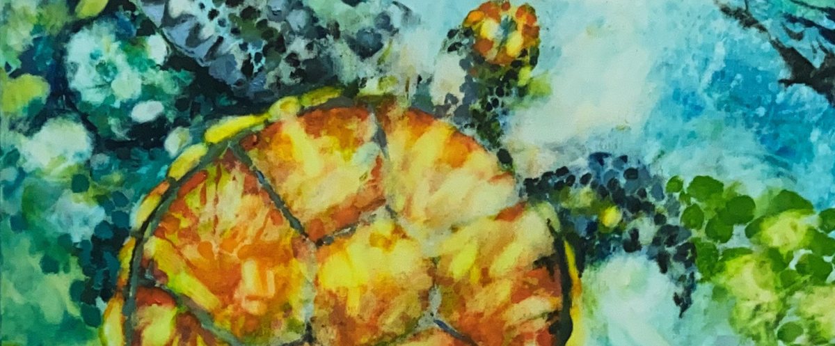 Close study of a turtle shell in gold over a reef