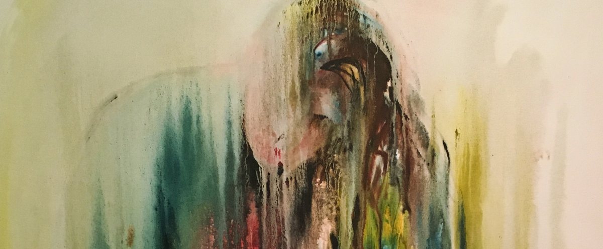 Painting of pale drips with a figure emerging behind them