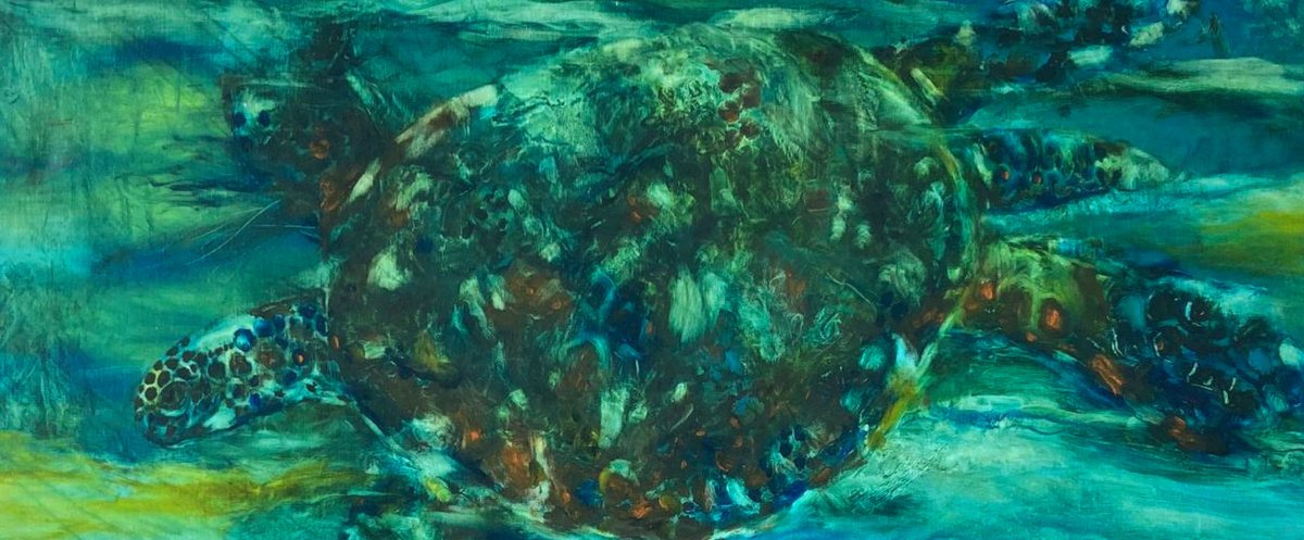Painting of a dark green turtle in deep teal water