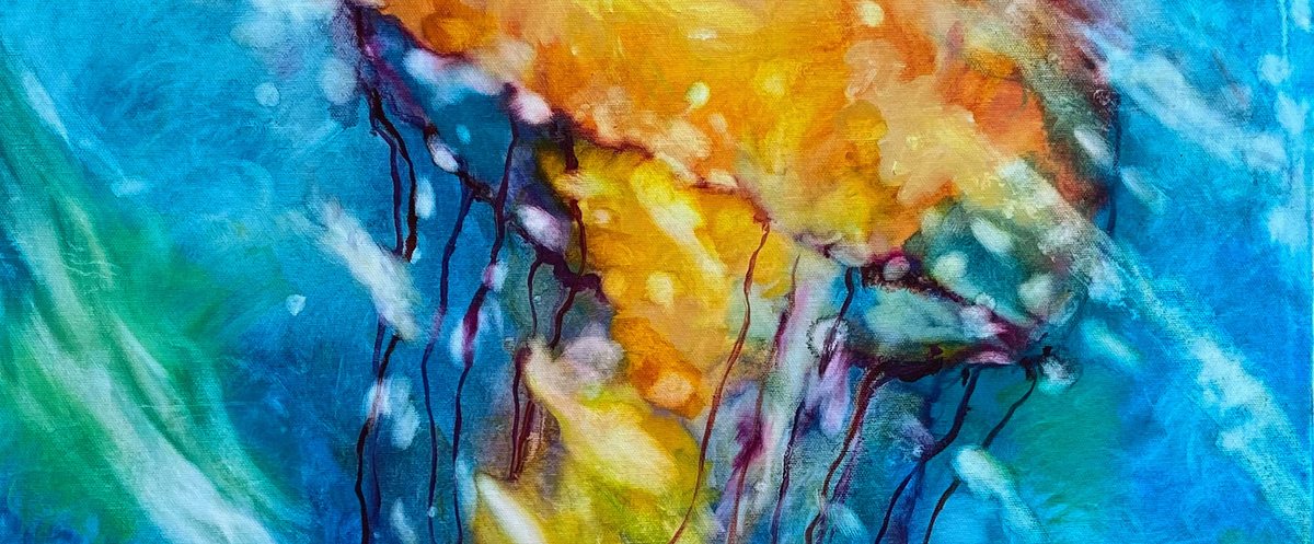 Jellyfish with an orange bell in blue water