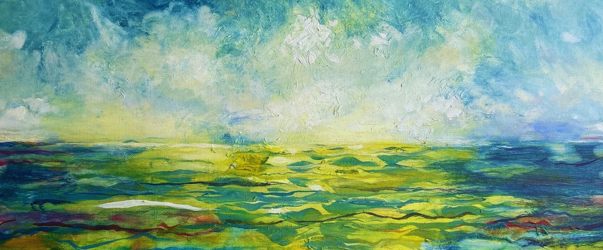 Painting of a green and gold sea under a calm horizon